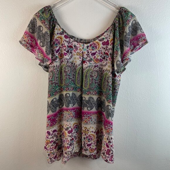 New Directions Colorful Paisley & Floral Boho Peasant Top Size Large - Picture 1 of 9